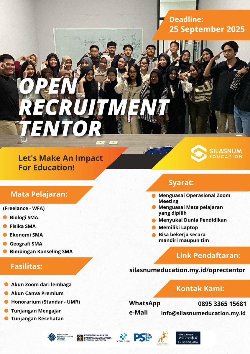bimbelsilasnum's tweet photo. [LOWONGAN TENTOR FREELANCE – SILASNUM EDUCATION]

Silasnum Education membuka kesempatan bagi kamu yang ingin berkontribusi di dunia pendidikan sebagai Tentor Freelance jenjang SMA (WFA).

#LowonganTentor #BimbelOnline #LowonganMengajar #KerjaFreelance #LokerGuru #TutorOnline #WFA https://t.co/hLzlU0TJBh