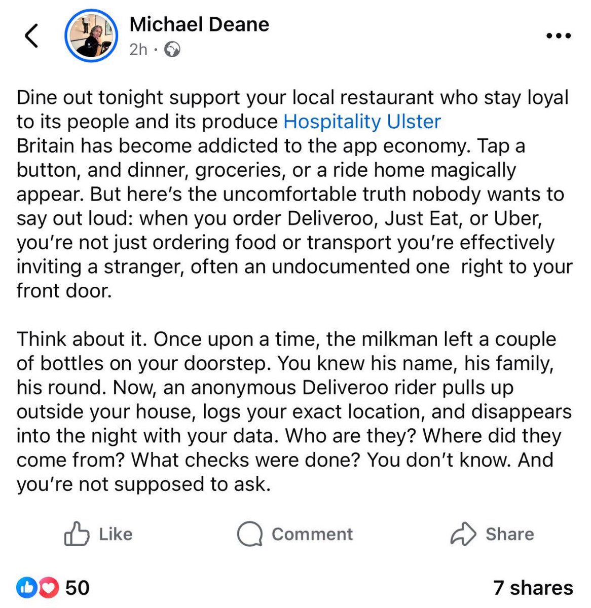 GerryCarrollPBP's tweet image. Disgusting post from restauranteur Michael Deane. Punching down on migrant workers &amp;amp; repeating racist lies in the context of far-right vigilantes assaulting delivery workers. 
Scapegoating migrant workers won&apos;t fill your tables.