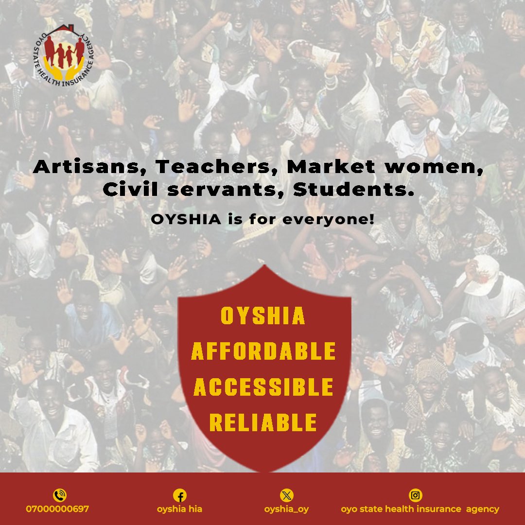 Artisans. Teachers. Market women. Students.
Health insurance isn’t for “others”, it’s for YOU.

With OYSHIA, care is Affordable. Accessible. Reliable. 

Protect your health today.
Send a DM
📞 07000000697
🌐 oyshia.oy.gov.ng