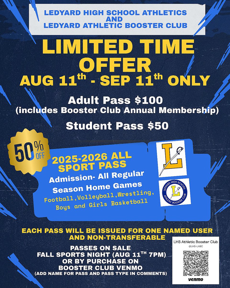 LAST CHANCE!   Today is the FINAL day to get your All Sports Passes for the 25-26 Athletics Season.  Purchase via VENMO or find us tonight at Bach to School Night!  We’ll also have a few stadium chairs, rally towels and can coolers for sale. <a href="/ledyardsports/">Jim Buonocore</a>