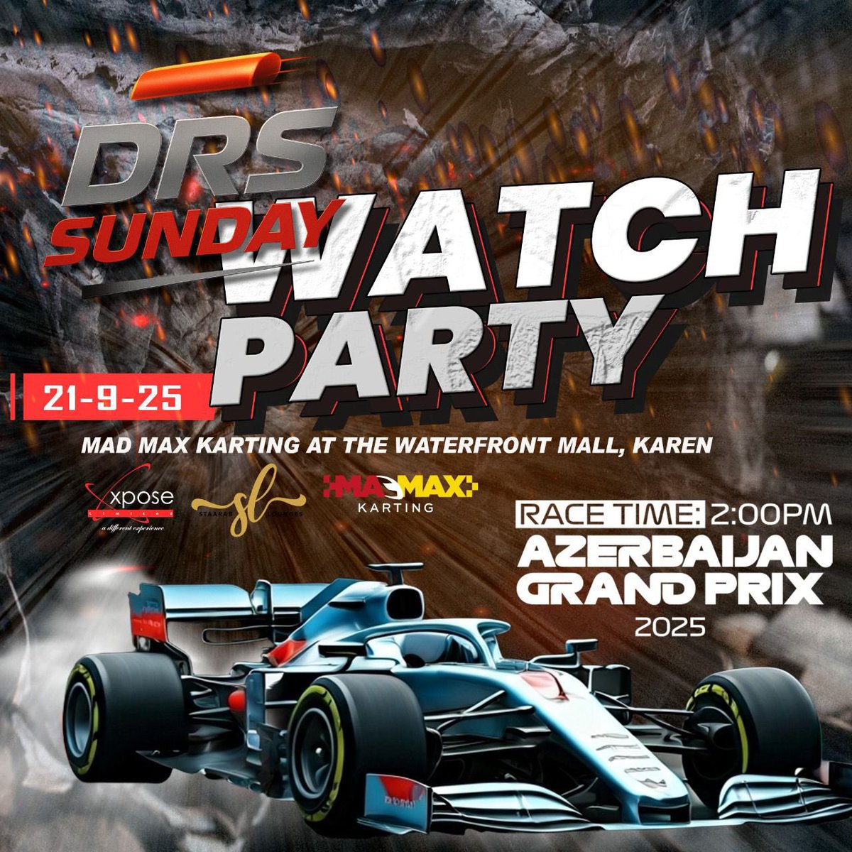 The Formula 1 season is getting hotter, and DRS Sunday is back with another thrilling watch party! 🔥

📍 Mad Max Karting, The Waterfront Mall, Karen
🗓️ 21st September 2025 | ⏰ 2PM
🎟️ Tickets: KES 1,000

👉 Grab your tickets now: mookh.com/event/drs-sund…

 #AzerbaijanGP #mwenyeji