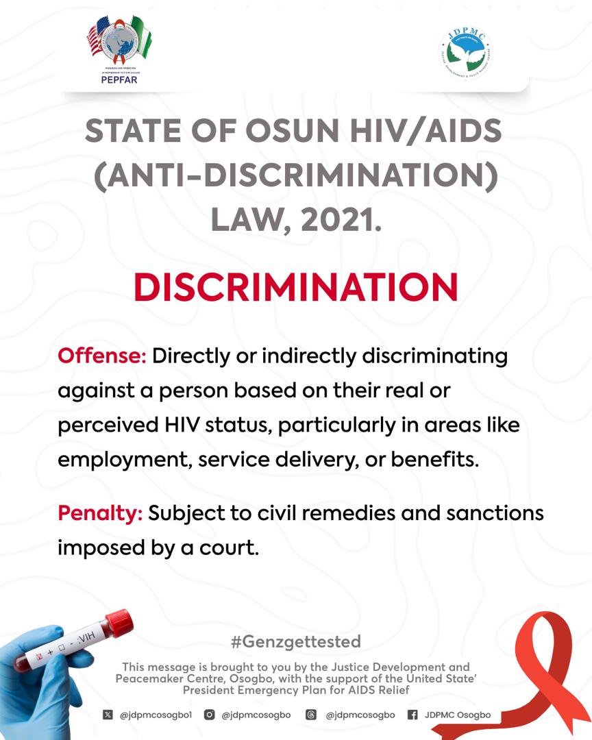 KunleJONISE's tweet photo. On today's episode of knowing the Anti-Discrimination Law of Osun state, It's an offence to discriminate against people living with HIV and Coercion or intimidation of people living with HIV attracts a fine imposed by a court.
Ignorance is not a excuse.
#GenZGetTested https://t.co/9emRG3wvOz