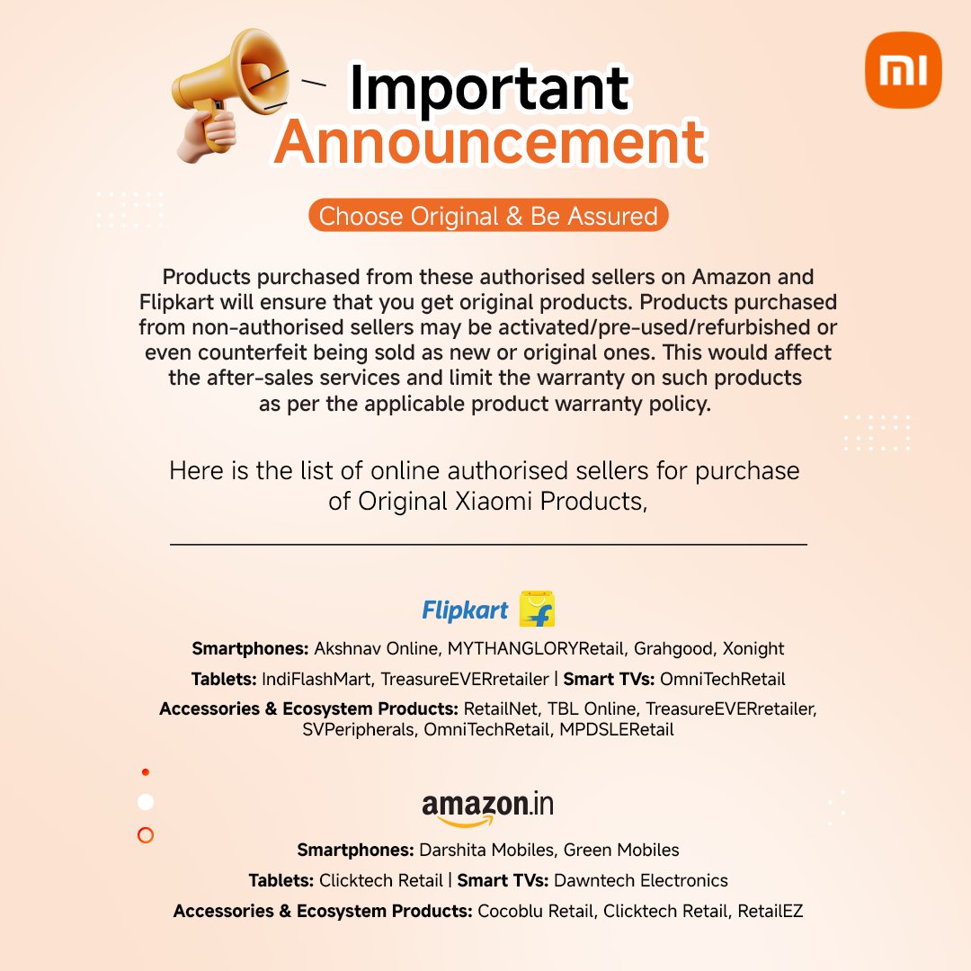 XiaomiIndia's tweet photo. We want every Xiaomi experience to be worry-free.

That’s why we recommend buying only from authorized sellers on Amazon &amp; Flipkart.

Here's the full list for you. https://t.co/C0vLtpOqVy