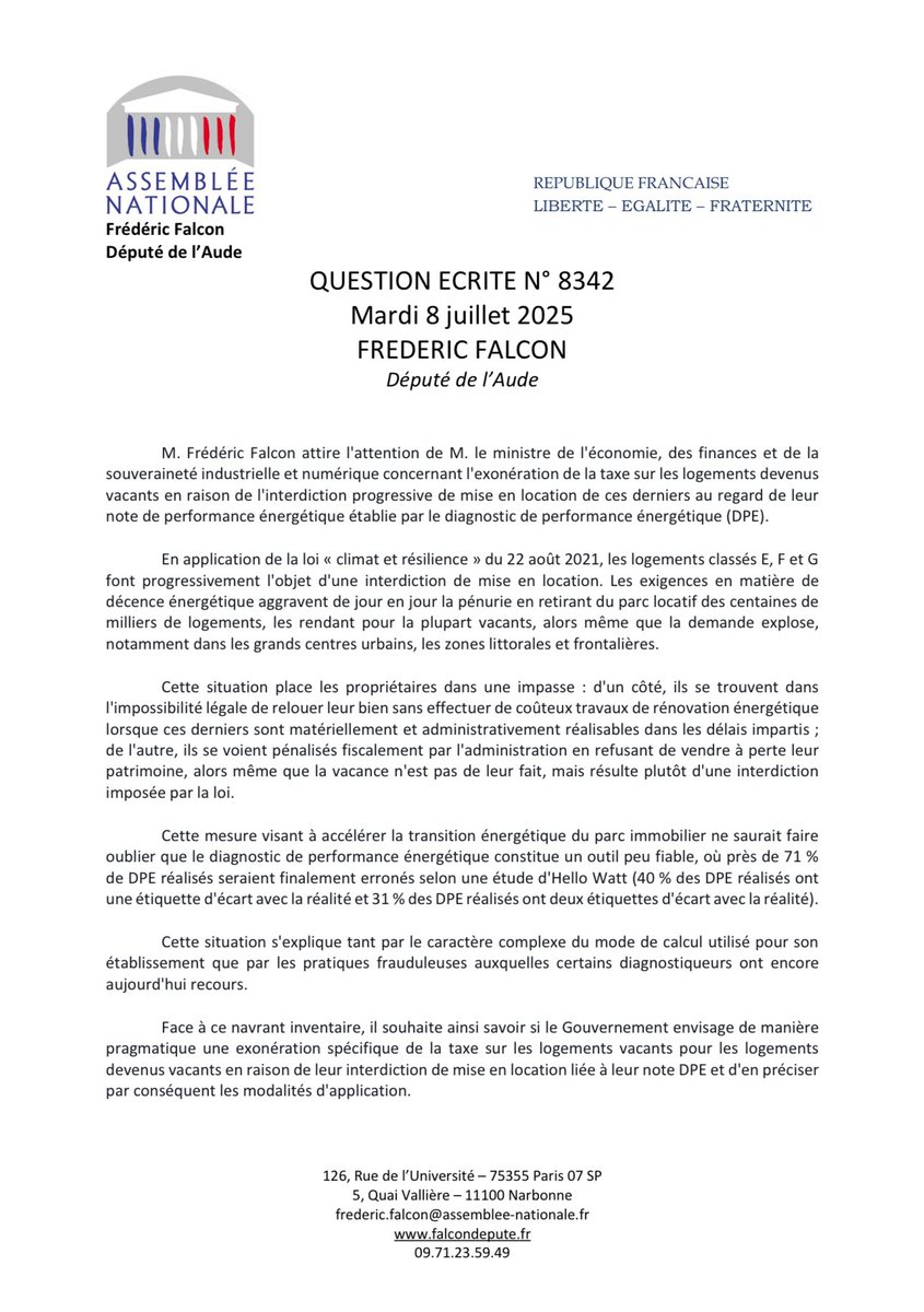 FalconFrederic's tweet image. ➡️ J’ai demandé au gouvernement que les bailleurs devant retirer leur bien du marché locatif en raison des contraintes #DPE - qu’il faut supprimer de toute urgence - ne soient plus assujettis à la taxe sur les #logements vacants.

Stop à la double peine !