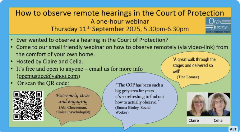 KitzingerCelia's tweet photo. Today (Thursday 11 September 2025) at 5.30pm, we are running a small friendly webinar on how to observe (remote) hearings in the Court of Protection. Everyone welcome - if you'd like to join us just send us an email and we'll send you the link. https://t.co/5XPj5caKJ2