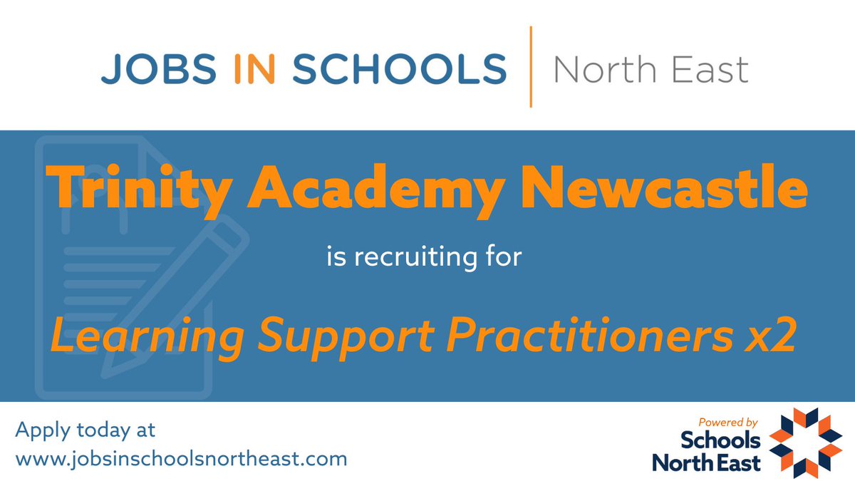 JobsInSchoolsNE's tweet image. .@TrinityNCL is recruiting for Learning Support Practitioners x2.

Find out more: bit.ly/3JHeX9R