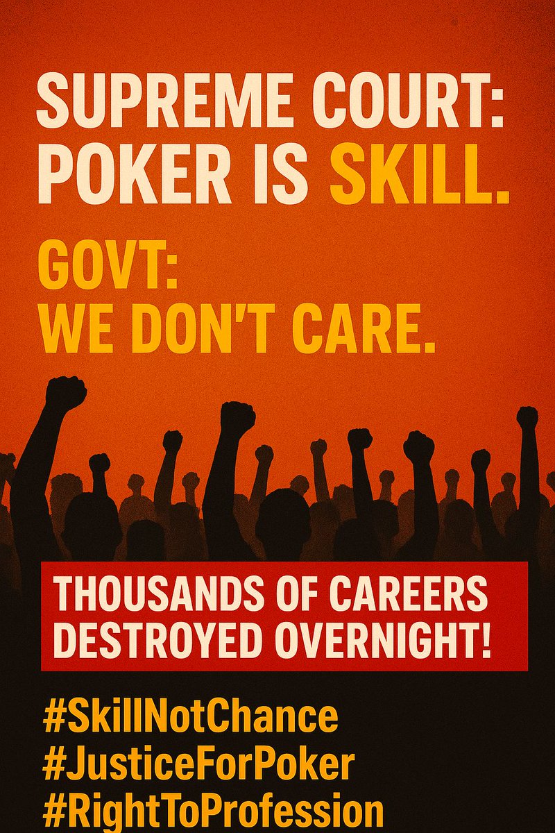 ROHANPR58685340's tweet photo. #RightToProfession
#OnlineGamingBill2025
#JusticeForPoker
#PokerIsSkill
#SupremeCourt
@AshwiniVaishnaw @PMOIndia @nsitharaman @AmitShah @Spartan_Poker @PokerBaazi @Adda_52 @PokerStars @hvgoenka https://t.co/AEXNZMQjib