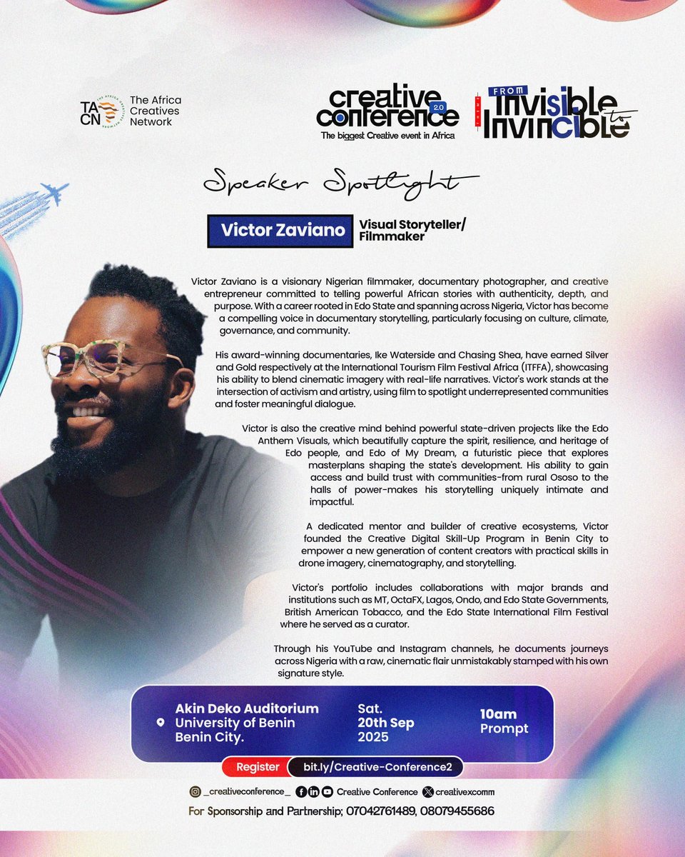 CreativeXComm's tweet image. Meet @victor_zaviano a visionary Nigerian filmmaker, storyteller and creative entrepreneur. With award-winning documentaries and powerful projects. Victor brings authenticity, depth and purpose to the screen.

Don&apos;t miss him live at Creative Conference 2.0 🎉

#creativeconference