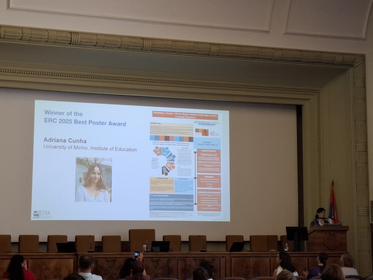 Na Emerging Researchers' Conference da European Educational Research Association, a acontecer em Belgrado, uma investigadora portuguesa conquistou o Prémio de Melhor Poster de 2025. Parabéns à Adriana Cunha e à sua orientadora Maria Assunção Flores.
#eera #ecer #erc #spce
