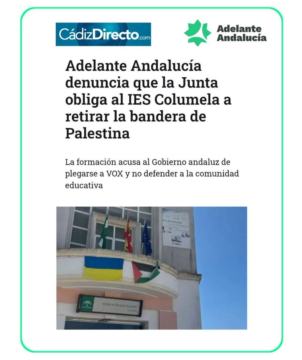 AdelanteCadiz's tweet photo. ⚠️ATENCIÓN❗️

En lugar de defender a la comunidad educativa del IES Columela y los valores fundamentales de la paz, la democracia y los derechos humanos, el PP en la Junta se pliega a la ultraderecha y a VOX.

Todo nuestro apoyo al Columela💚

ℹ️ https://t.co/dNyVidmKTD https://t.co/OjOVZXTEWn