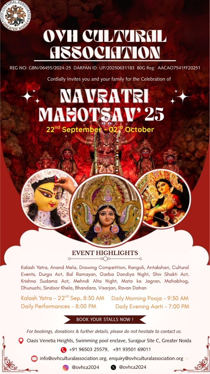 ovhca2024's tweet photo. OVHCA invites you to Navratri Mahotsav'25.

Come and join us on a vibrant journey of reverence, culture and art. 

#OVHCA #OasisVenetiaHeights #greaternoida #DurgaPuja25 https://t.co/8tGYs5jyfV