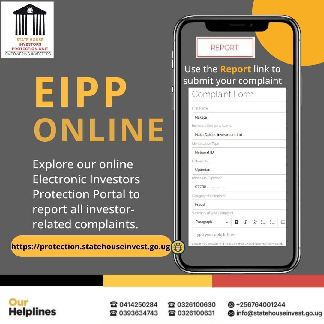 Just Visit: protection.statehouseinvest.go.ug, &gt; click REPORT
everything will be sorted 
<a href="/ShieldInvestors/">State House Investors Protection Unit</a> Led by Col <a href="/edthnaka/">Col Edith Nakalema</a>, report all kinds of fraud case, unnecessary delays &amp; misuse of office. We're ready to clear all obstacles that hinder investment climate.
#EmpoweringInvestors