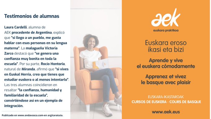 Hainbat ikasleren testigantza duzue jarraian.
Zatoz zeu ere euskara eroso ikasi eta bizitzera!
Orioko AEK 670420025
orio@aek.eus #EuskaraEroso