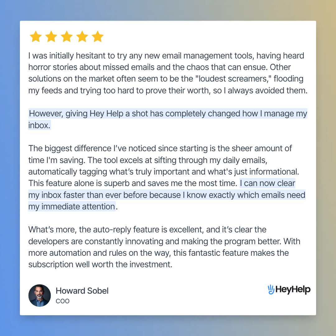 tryHeyHelp's tweet image. 💬 “HeyHelp completely changed how I manage my inbox. I can now clear it faster than ever because I know exactly which emails need my attention.”

That was from Howard. If your inbox is stealing hours every week, maybe it’s time to give HeyHelp a shot too.