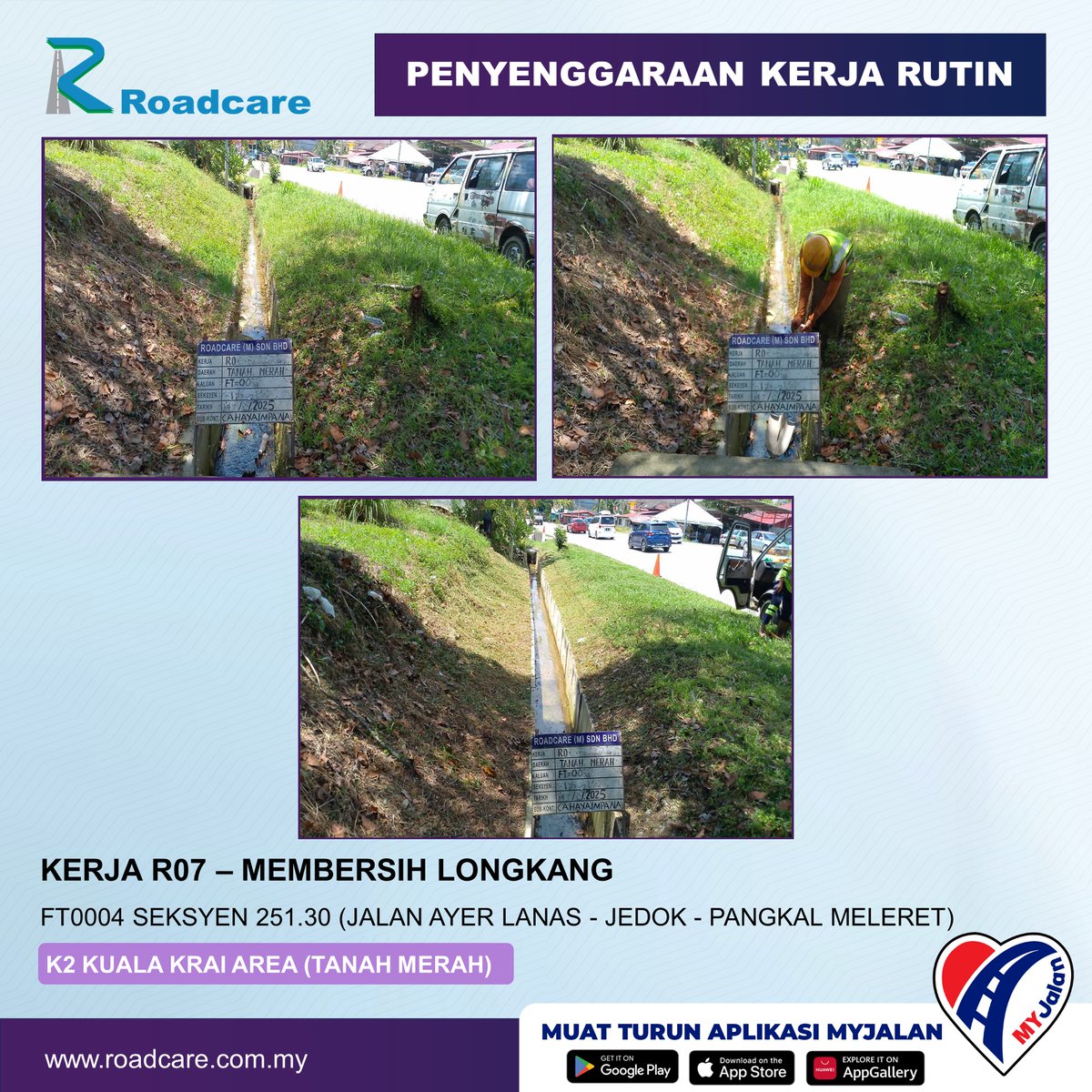 🚧👷‍♂️Kemas Kini Kerja-Kerja Rutin👷‍♂️🚧
Rutin : R07  - Membersih Longkang 
Tarikh :  11 Sept 2025    
Daerah : Tanah Merah, Kelantan    
Lokasi : FT004 Seksyen 251.30 (Jalan Ayer Lanas - Jedok - Pangkal Meleret)