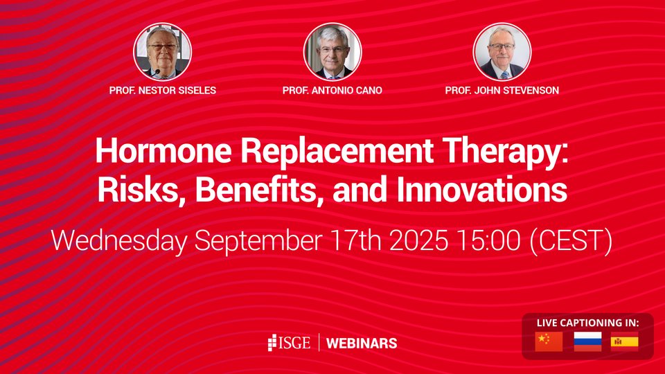 #ISGEwebinar
Join us for the upcoming webinar "Hormone Replacement Therapy: Risks, Benefits, and Innovations"
📆 Wednesday 17 September
🕒 3:00pm CEST
🎤 Prof. Nestor Siseles, Prof. Antonio Cano, Prof. John Stevenson

Registration:
events.zoom.us/ev/AmXTCghvLrF…