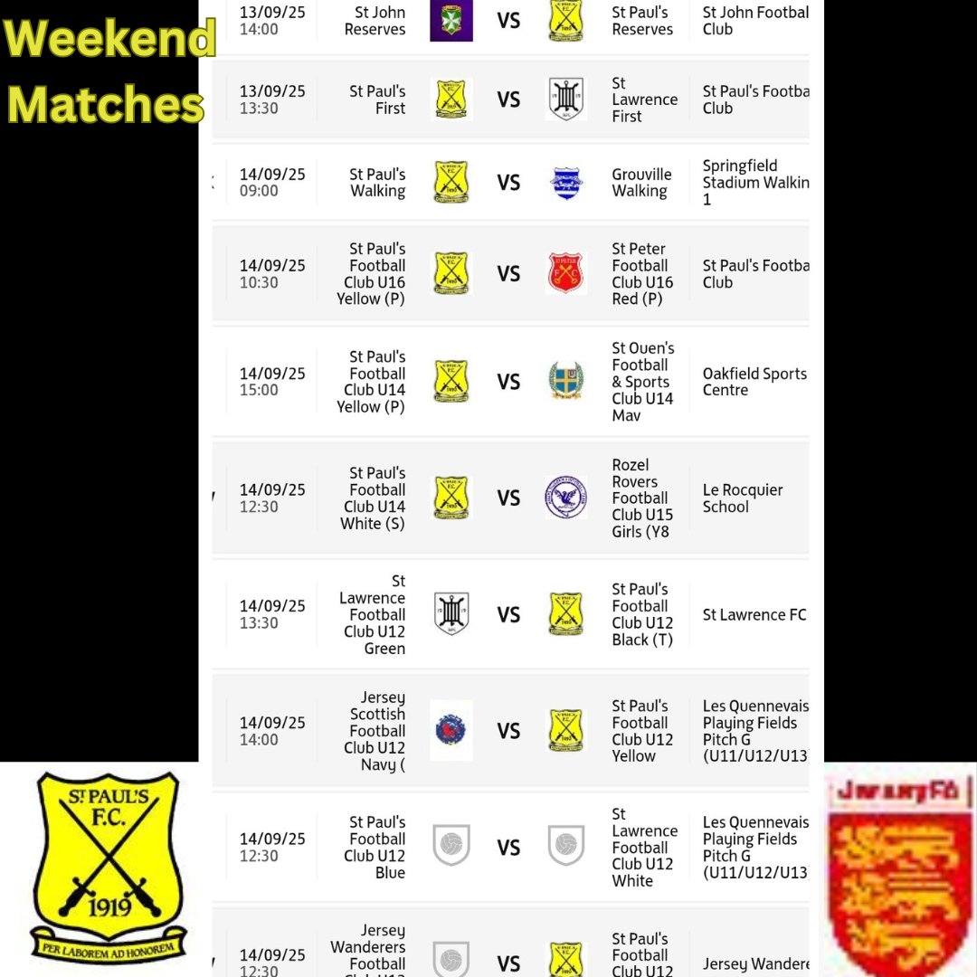 ⚽️ Weekend Fixtures ⚽️

🔥 1st Team Cup Action
📅 Sat 13/09 – 13:30
🆚 St Lawrence First
📍 St Paul’s

⚽️ Reserves
📅 Sat 13/09 – 14:00
🆚 St John Reserves
📍 St John

👦👧 Juniors take the field on Sunday – come show your support! 💛

#StPaulsFC #CupFootball #GrassrootsFootball