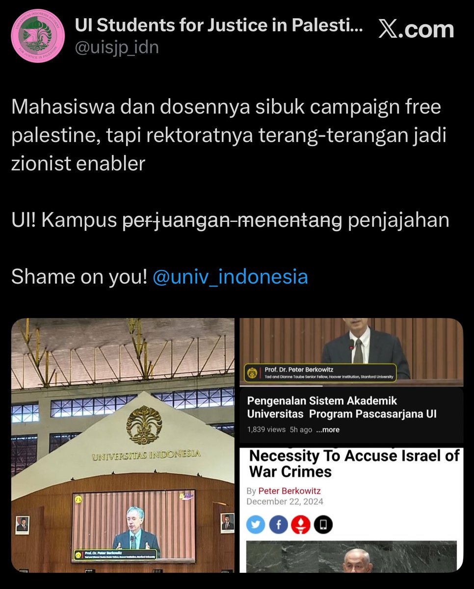 kastratofe's tweet photo. For context, since Heri Hermansyah was appointed as Rector, the university has:
—Returned IPI (extra fee outside tuition) back again to all "Mandiri" students.
—Forcibly disbanded student protests against IPI
—Invited zionist as a speaker
etc
cr: @opinipartek @NendaUI @uisjp_idn https://t.co/SgSGWnTRed