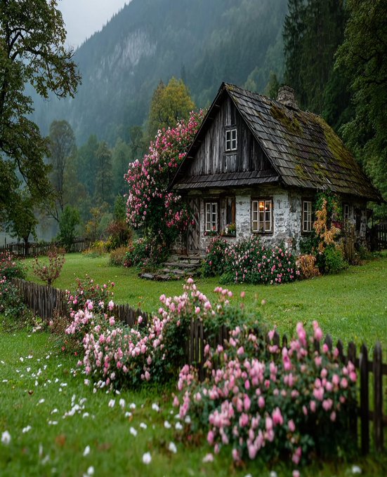 A rustic wooden cottage with a moss-covered roof, surrounded by vibrant pink and red flowers. The cottage has multiple windows and a small staircase leading to the entrance. A white picket fence with blooming roses lines the lush green lawn. Tall trees and misty mountains are visible in the background.