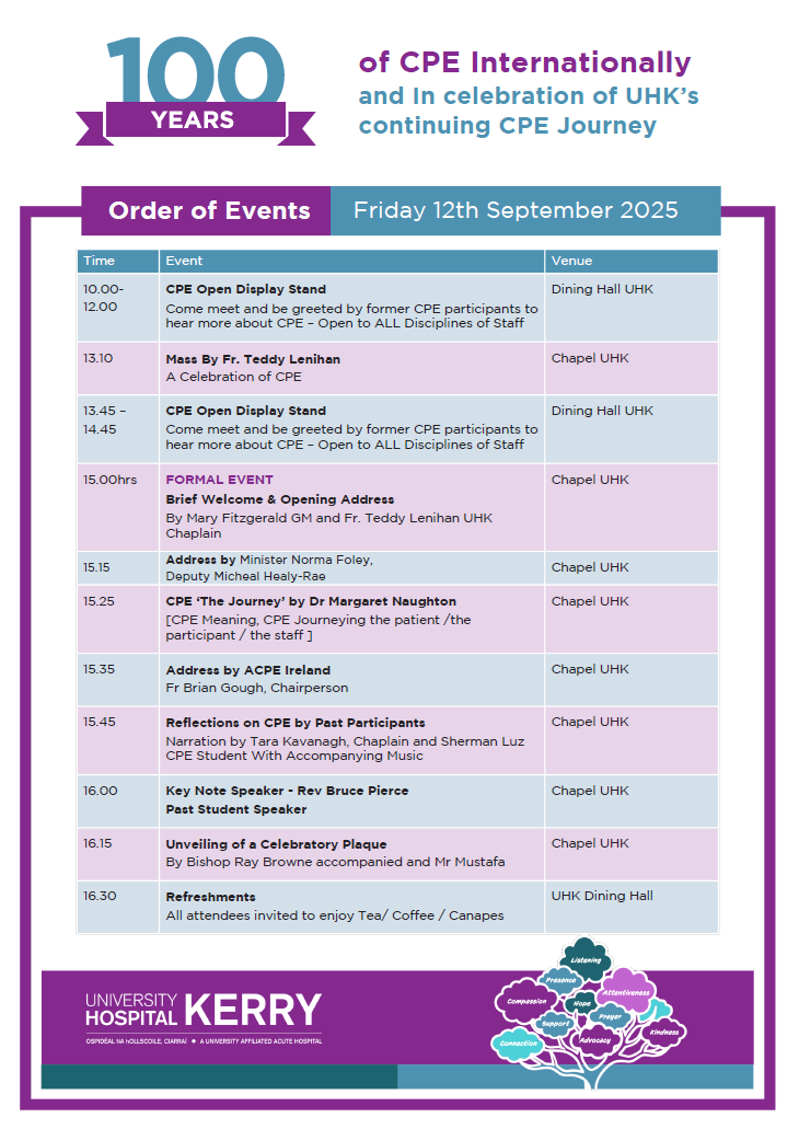 hospital_kerry's tweet photo. University Hospital Kerry will host an event Fri, Sept 12 to celebrate Clinical Pastoral Education (CPE) - a programme supporting emotional and spiritual care in healthcare

💜All are welcome  #SpiritualCare https://t.co/blwn5FCIAv