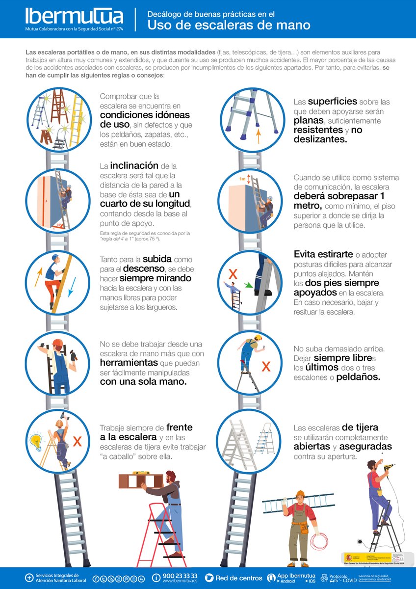No dejes de consultar esta infografía con un decálogo de #buenasprácticas en el uso de #escaleras portátiles o de mano, tan usadas en trabajos en #altura. Durante su uso se producen muchos accidentes. Contiene consejos que debes seguir para poder evitar este tipo de #accidentes.