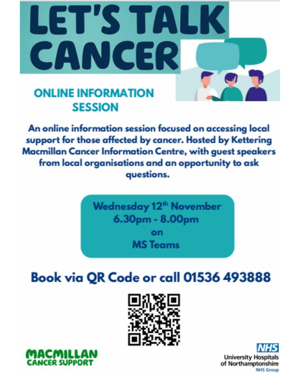 💚 Let’s Talk Cancer – Online Information Session 💚

Are you or someone you care about affected by cancer? Join us for an online information session focused on local support available in our community.

📅 Date: Wednesday 12th November
⏰ Time: 6.30pm – 8.00pm
📍 Where: MS Teams