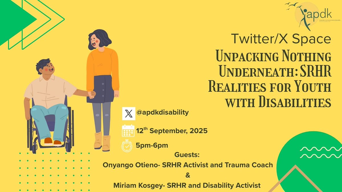 Twitter Space!

Unpacking Nothing Underneath: SRHR Realities for Youth with Disabilities

With our ambassador Miriam, <a href="/Rixpoet/">Onyango Otieno 🌻🇰🇪</a>  &amp; APDK team 

🗓️ 12th September, 2025 ⏰ 5-6pm
📍 Right here on X
Disability does not erase desire. Join the convo.

#LoveSexDisability #SRHRforPWDs