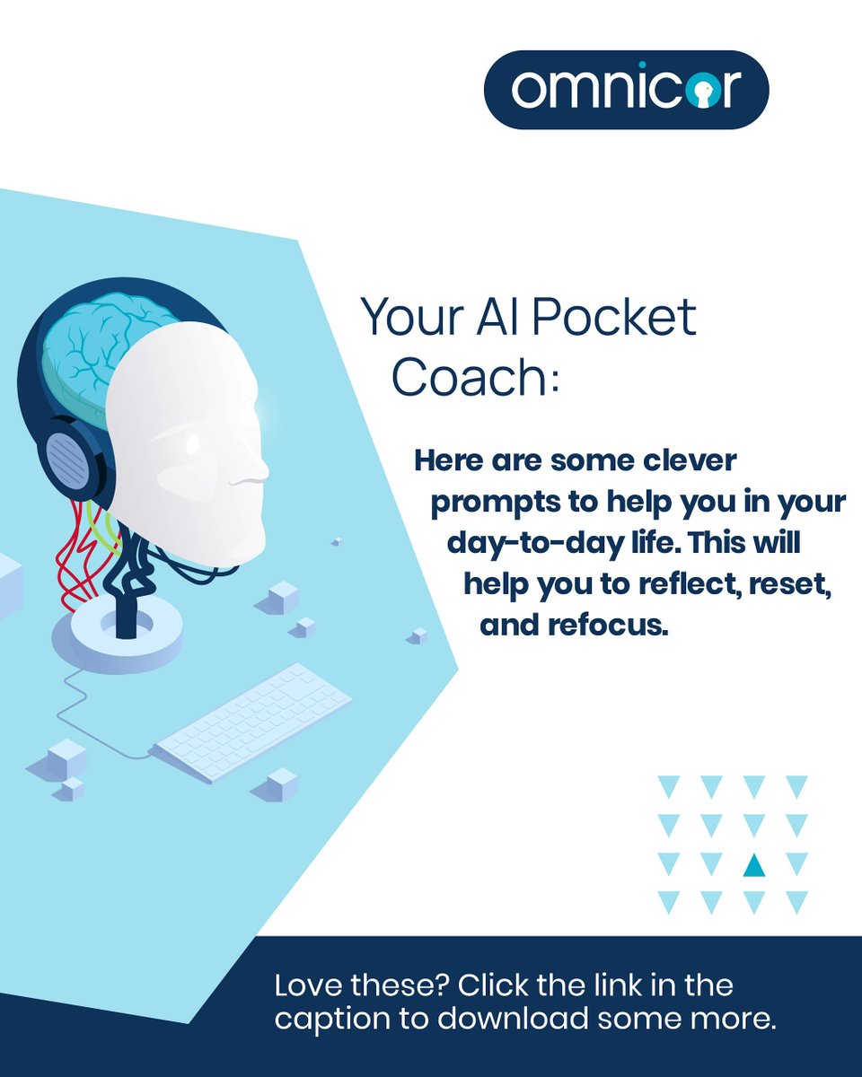 OmnicorTweets's tweet image. Can AI Become your pocket coach? Absolutely! Here are some clever prompts to help you in your day-to-day life. This will help you to reflect, reset, and refocus.

Love these? Click here to download some more: bit.ly/3K9XPVy 

#SelfCoaching #AIforGrowth #MindsetMatters