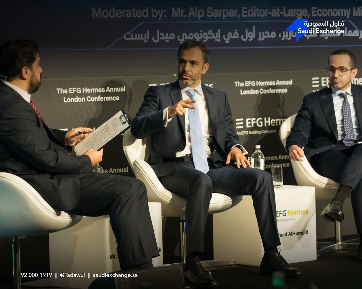 tadawul's tweet photo. خلال مشاركته في جلسة حوارية بعنوان "تمويل النمو في المملكة العربية السعودية" ضمن مؤتمر المجموعة المالية هيرميس في لندن، ناقش الأستاذ محمد الرميح، المدير التنفيذي لـ #تداول_السعودية، أبرز التطورات في السوق المالية السعودية بما في ذلك زيادة مشاركة المستثمرين الأجانب، نمو سوق الصكوك وأدوات الدين والاكتتابات العامة، والتوجهات المستقبلية للسوق المالية السعودية.

At the EFG Hermes London Conference, Mohammed Al-Rumaih, CEO of the #Saudi_Exchange, participated in a panel discussion titled “Financing Saudi Arabia’s Growth.” He highlighted key developments shaping the Saudi capital market, including rising foreign investor participation, advancements in the Sukuk and debt market, increased IPO activity, and the future outlook of the market.