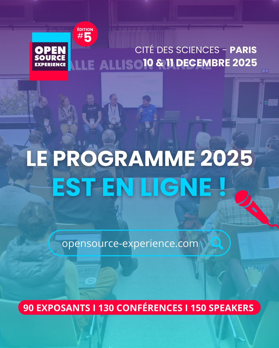 OSXP_Paris's tweet image. 🎉 80% du programme de la 5ᵉ édition d’OSXP est en ligne !

Au programme :
Des conférences, de nombreuses tables rondes, des workshops pratiques et des animations pour faire vivre la communauté.

🔗 Découvrez le début du programme dès maintenant : opensource-experience.com/event/