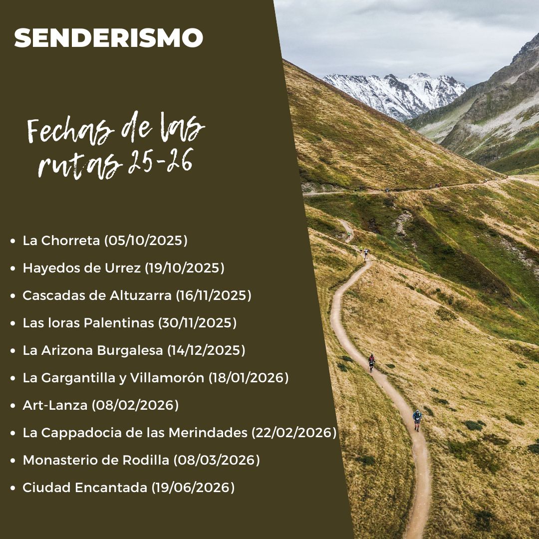 SENDERISMOS 2025 - 2026

Atención senderistas: las botas piden aire y las mochilas, aventura… ¡Ya tenemos fechas para los senderismos del curso 25/26!

INSCRIPCIONES: Antes de cada actividad, con su formulario correspondiente.

►ubu.es/deportes/activ…