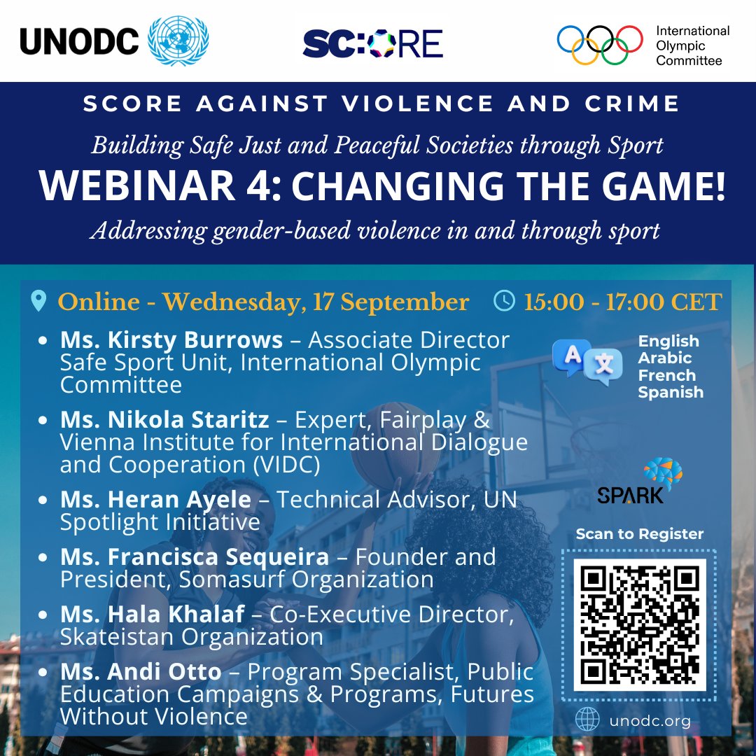 UNODC_Justice's tweet image. 🚨 Sport can unite - but it must also protect.

Join us on 17 Sept, 15:00–17:00 CET, for Webinar 4: 

Changing the Game!... and meet global voices tackling gender-based violence in and through sport.

Register now 👉 bit.ly/4gmzTiA
#SCORE #UNODCJustice