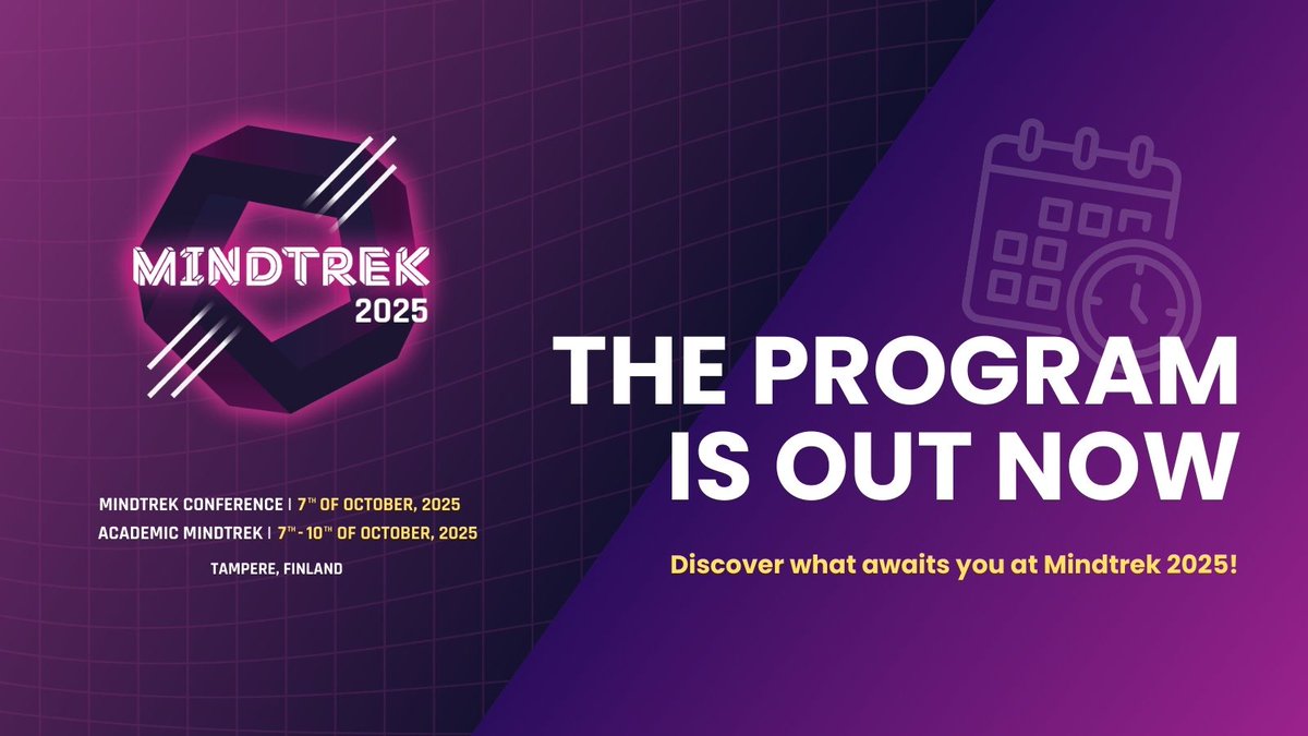 The Program Is Out Now – Discover what awaits you at #Mindtrek25! 🔥

🗓️Mindtrek Conference program for the 7th of October: mindtrek.org/mindtrek-confe…

🗓️Academic Mindtrek program for the 7th - 10th of October: mindtrek.org/academic-mindt…
