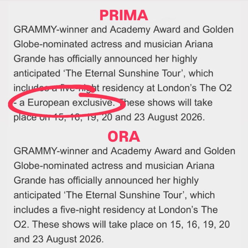 ArianaGrande_IT's tweet image. 🚨 ATTENZIONE! Secondo il sito dell'O2 Arena, le date dell'Eternal Sunshine Tour a Londra non sono più un'esclusiva europea.