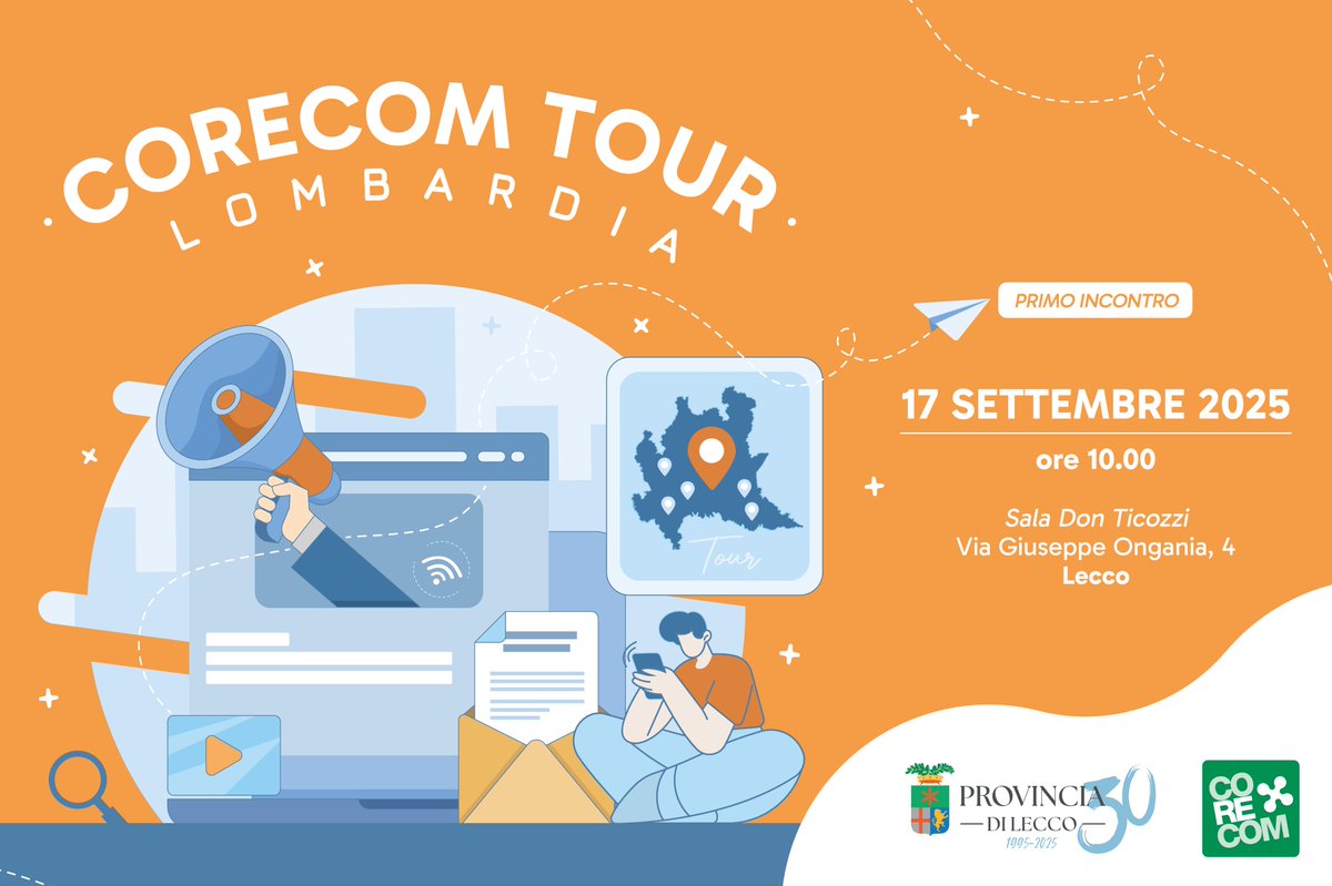 📌 SAVE THE DATE
Il Corecom Lombardia parte da Lecco con il suo Tour nelle Province!
Un’iniziativa aperta a tutti per promuovere una comunicazione sempre più vicina, trasparente e partecipata.
#CorecomLombardia #TourCorecom