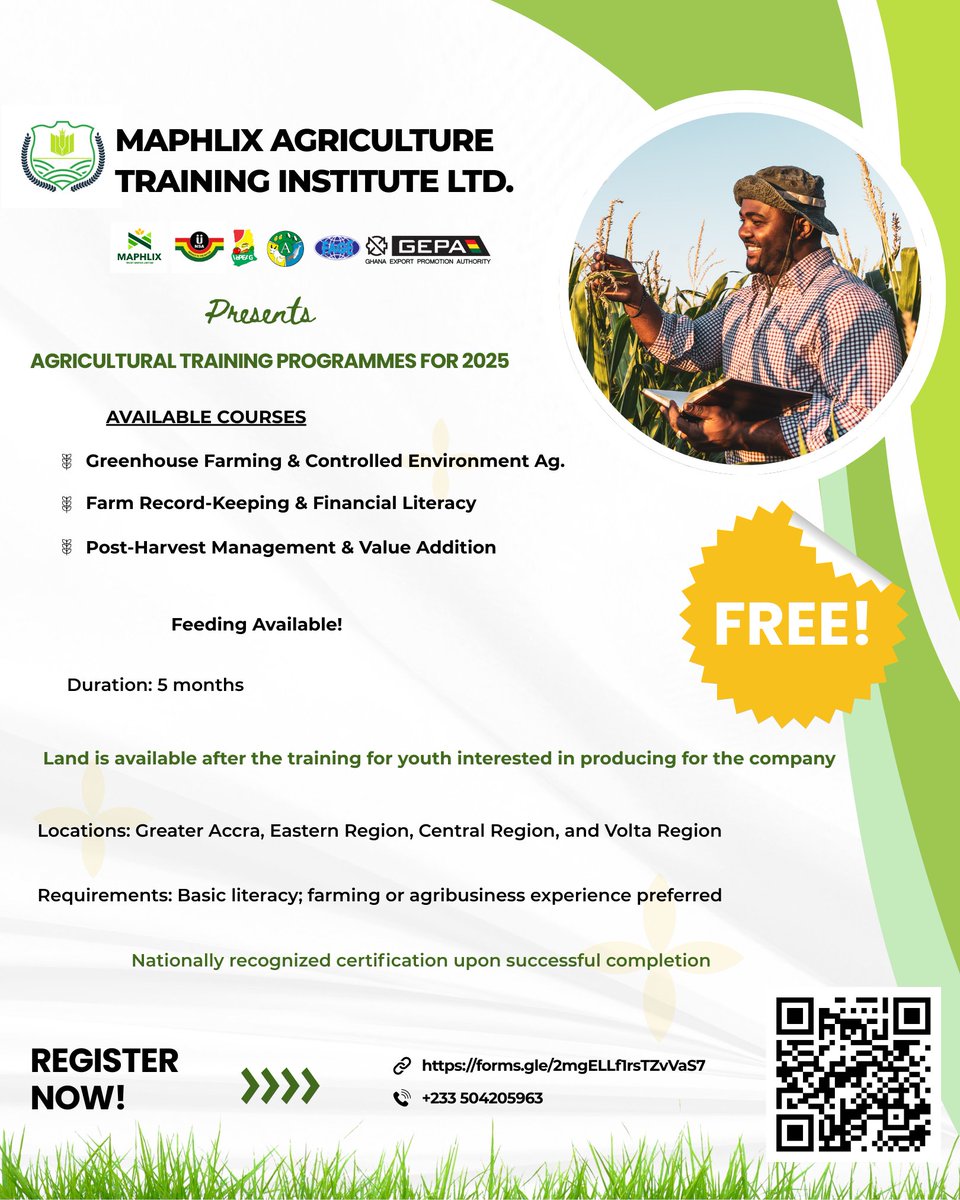 maphlixtrust's tweet photo. Free training in 2025! Learn greenhouse farming, financial literacy, and post-harvest management. Feeding &amp; certification. Register today(https://t.co/JfXrYKslgG)
#YouthInAgriculture #agribusiness  #sustainablefarming https://t.co/ib6tB7hfYD