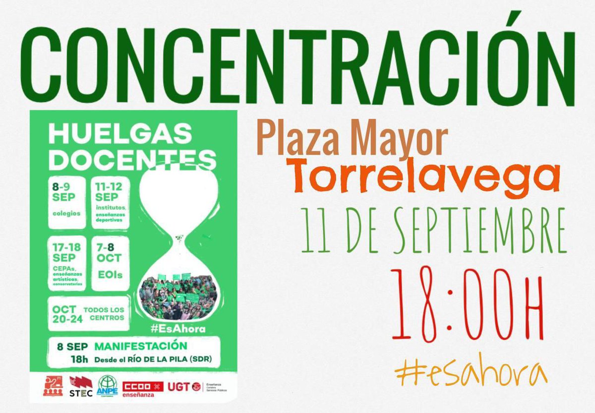 STEC_Cantabria's tweet image. ⌛ Con datos del 50% de los institutos, el seguimiento de la huelga en Enseñanzas Medias es del 45,2 %.
En breves comienzan las concentraciones en Castro, Laredo, Santander y Cabezón.
Y esta tarde, con l@s maestr@s también a Torrelavega (18 h.)
#EsAhora