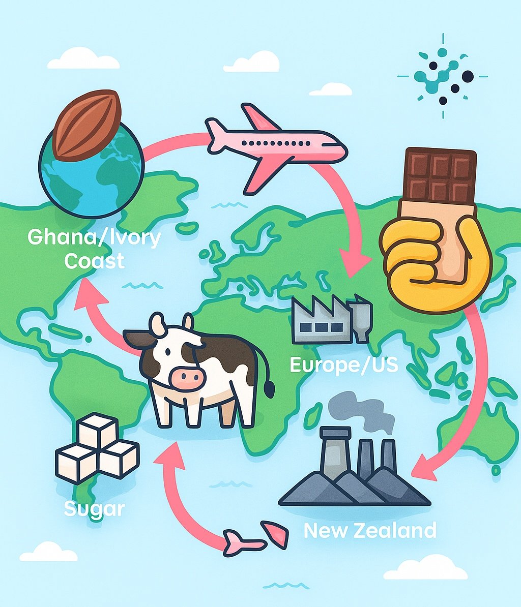 trackgoodai's tweet image. 𝗙𝘂𝗻 𝗙𝗮𝗰𝘁:

Your tongue has toured the world even if you haven’t 😉

Most chocolate starts with:
🍫 Beans from Ghana/Ivory Coast
🚢 Processed in Europe/US
🥛 Milk from New Zealand
🍬 Sugar from Brazil

𝐀 𝐠𝐥𝐨𝐛𝐚𝐥 𝐣𝐨𝐮𝐫𝐧𝐞𝐲 𝐛𝐞𝐟𝐨𝐫𝐞 𝐲𝐨𝐮𝐫 𝐛𝐢𝐭𝐞 😂

Soon…