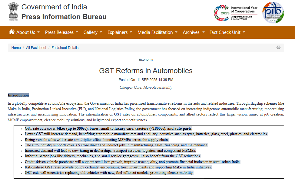 ANI's tweet photo. GST Reductions on Automobiles - 
Two-Wheelers (up to 350cc including 350cc) - 28% to 18%
Small Cars - 28% to 18%
Large Cars - flat 40% with no cess
Auto Components - reduced to 18%
The majority of the components used for the manufacture of Motor cars and Motor bikes: the auto components, have also been reduced to 18%.