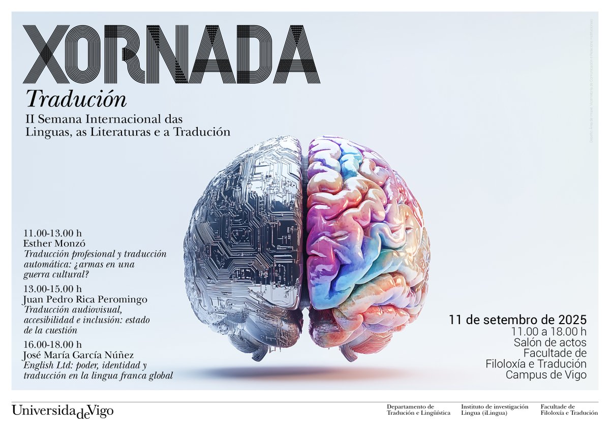 UVigo Filoloxía e Tradución (@fft_uvigo) on Twitter photo 🧠✨ Hoxe celebramos na nosa Facultade a "Xornada de Tradución", dentro da II Semana Internacional das Linguas, as Literaturas e a Tradución.
📚 De 11.00 a 18.00 h, profesionais da tradución compartirán reflexións sobre identidade, inclusión, poder e tecnoloxía.
<a href="/uvigo/">Universidade de Vigo</a> #FFT 🧠✨ Hoxe celebramos na nosa Facultade a "Xornada de Tradución", dentro da II Semana Internacional das Linguas, as Literaturas e a Tradución.
📚 De 11.00 a 18.00 h, profesionais da tradución compartirán reflexións sobre identidade, inclusión, poder e tecnoloxía.
<a href="/uvigo/">Universidade de Vigo</a> #FFT
