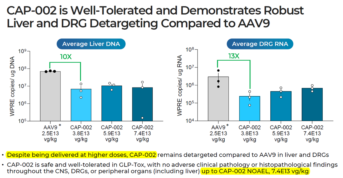 BiotechAnalysst's tweet photo. #Capsiday said
"Despite being delivered at #higher #doses, CAP-002...
...up to CAP-002 NOAEL, 7.4E13 vg/kg ...."
"The 5.9E13 and 7.4E13 vg/kg doses achieve RNA levels expected
to provide further improvements to motor and cognitive function than 3.8E13 vg/kg" https://t.co/haeRItTWC9