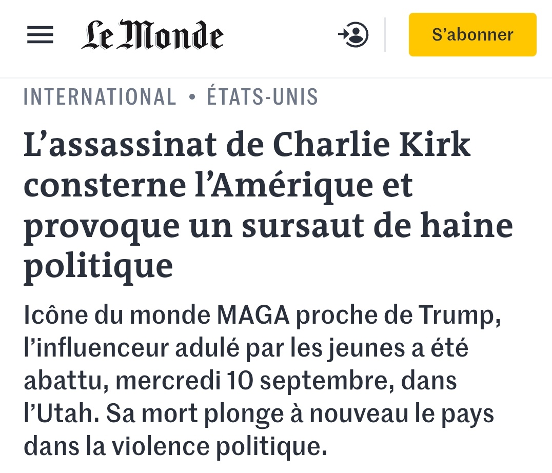 Un "sursaut de haine politique" ??? Ça va pas la tête <a href="/lemondefr/">Le Monde</a> ? La gauche terroriste assassine un père de famille mais le problème c'est une simple indignation de droite. #CharlieKirk