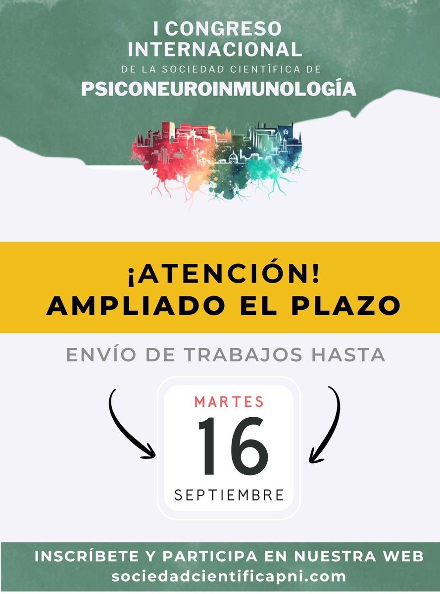 cienciaycerebro's tweet photo. ¡No olvides el 1st International Congress of the Scientific Society of Psychoneuroimmunology (SOCIPNI)!
📍 Granada, 13-14 nov 2025.
Evento clave para explorar la conexión entre cerebro, sistema inmune y salud mental.
🕒 Ampliado el plazo hasta el 16 de septiembre. https://t.co/zSFWvyUZpr