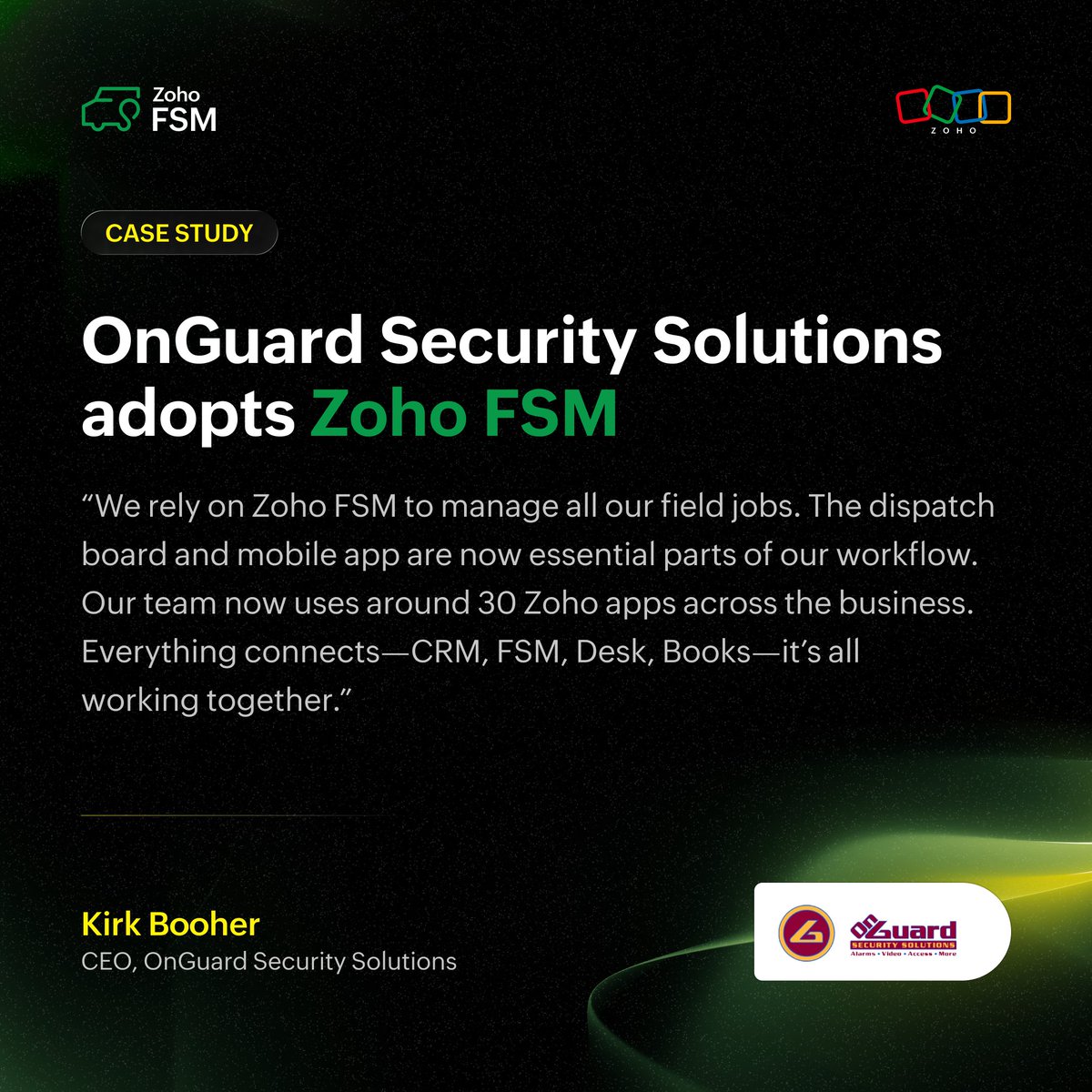 Running on more than 30 Zoho applications, OnGuard Security Solutions counts on Zoho FSM to manage their field operations and stay connected with core systems like Zoho CRM, Desk, and Books. 

Read their full story here: zurl.co/3KHWo

#CustomerStories #ZohoFSM #Zoho
