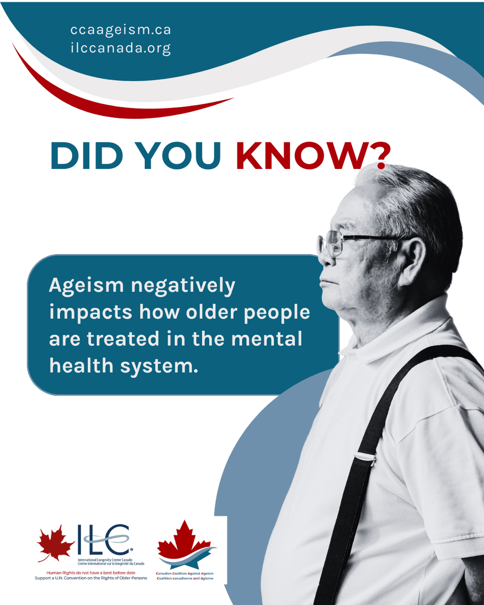 Ageism affects how older people access mental health care, sometimes dismissed or ignored altogether.
New report from <a href="/MHCC_/">Mental Health Commission of Canada</a> shares urgent insights:
mentalhealthcommission.ca/resource/trans…

<a href="/ILCCanada/">ILC Canada</a> <a href="/fedretirees/">National Association of Federal Retirees</a> <a href="/NPFederation/">National Pensioners Federation</a> 
#Ageism #MentalHealth #OlderPersons #StopAgeism
