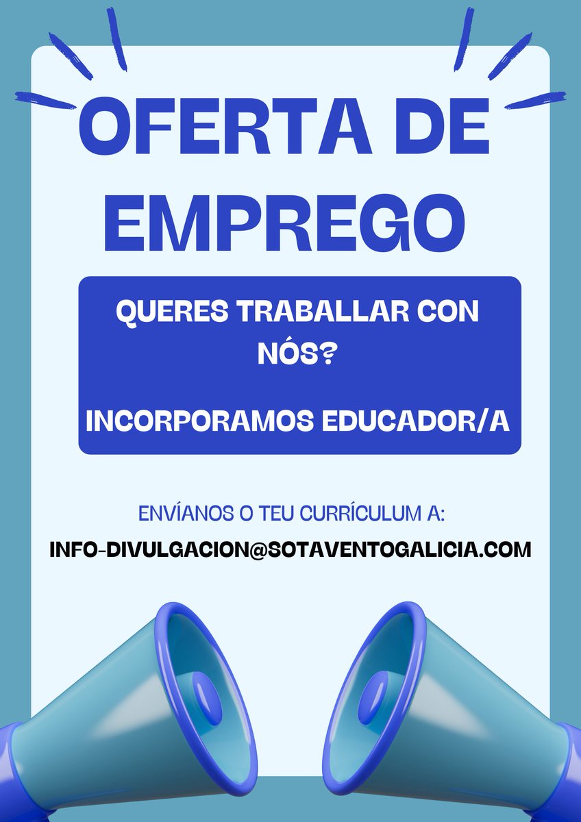 FSotavento's tweet image. Valórase:
- Estudos relacionados con bioloxía, enxeñerías, comunicación, educación
- Facilidade de comunicación
- Flexibilidade e resilencia
- Inglés
- Cercanía a Sotavento

Condicións:
- Media xornada
- Formación a cargo da empresa
- Remuneración por riba de convenio.