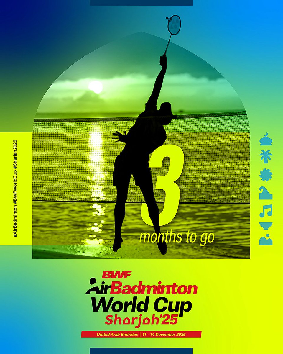 UaeBadminton's tweet photo. 3️⃣ months until the #BWFWorldCup in 🇦🇪 Sharjah. 😎
#UaeAirBadminton
#AirBadminton 
#Sharjah2025 https://t.co/8A9IRSjbTd