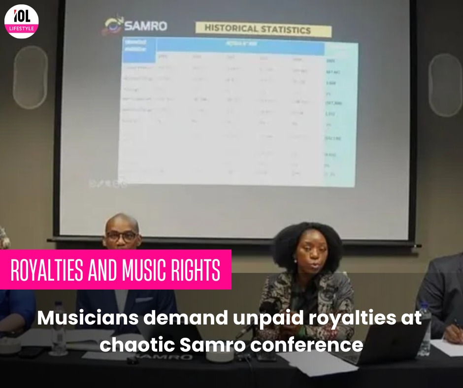 IOL's tweet image. Musicians storm the Samro press conference in Johannesburg, demanding long-overdue royalties amid internal disputes.
#Samro #MusicRights #UnpaidRoyalties @IOL_Lifestyle 
Read on tinyurl.com/yzy85dxr
