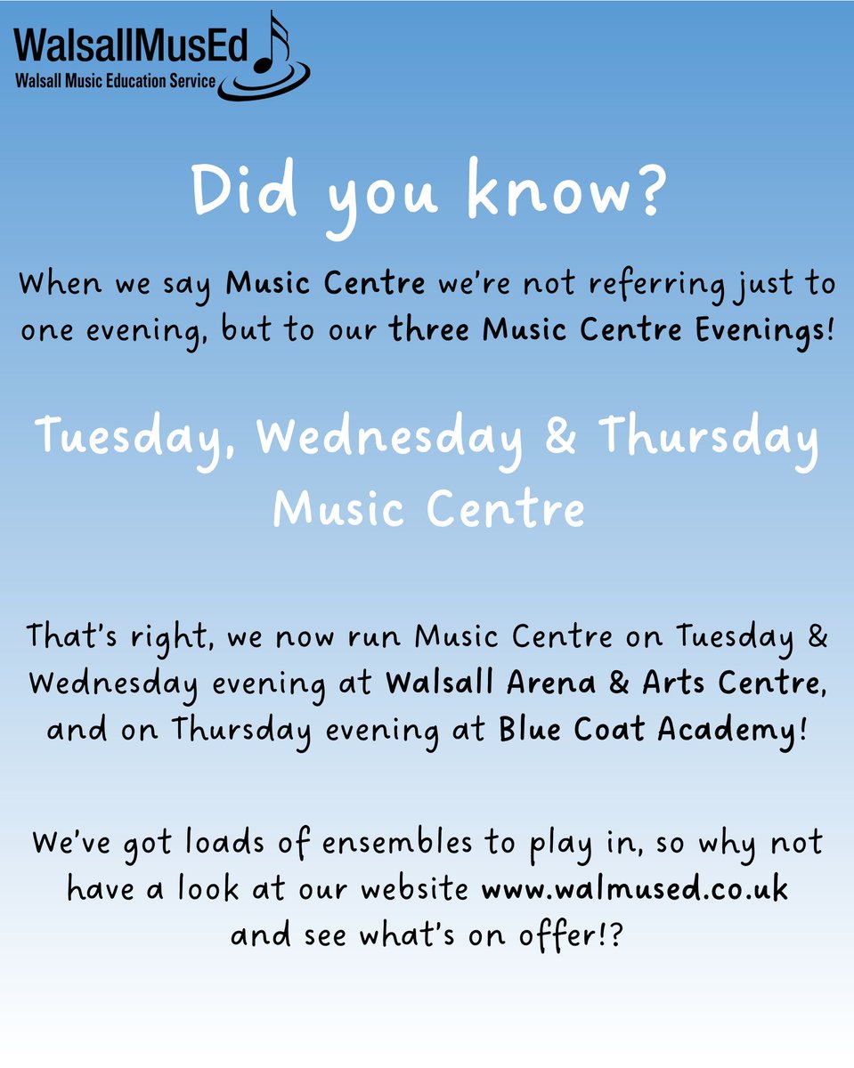 Did you know we now have THREE Music Centre Evenings? Tuesday &amp; Wednesdays at Walsall Arena &amp; Arts Centre, &amp; Thursdays at Blue Coat Academy! Read all about it on our website 😀