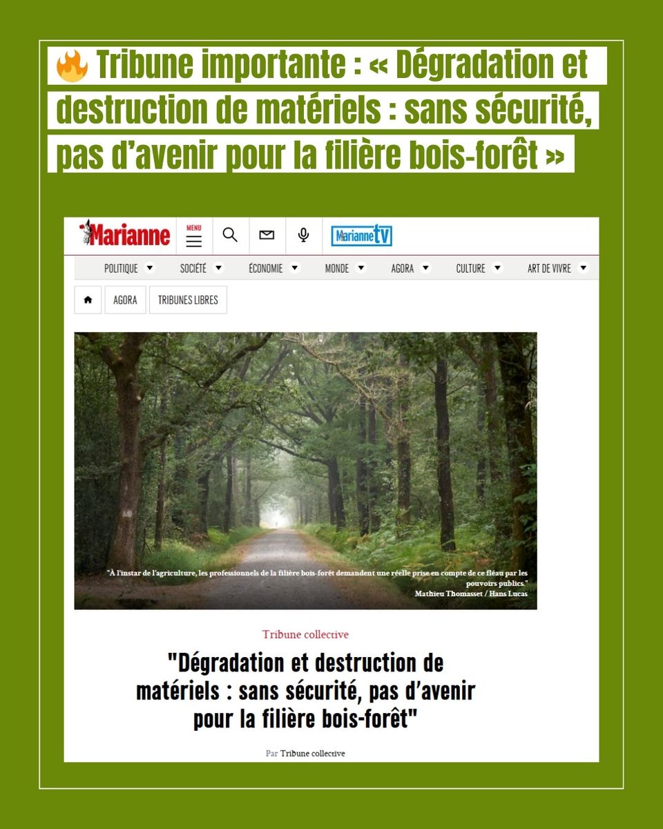 🔥 Tribune importante : « Dégradation et destruction de matériels : sans sécurité, pas d’avenir pour la filière bois-forêt »

👉 Lisez la tribune complète ici : Marianne – Dégradation et destruction de matériels marianne.net/agora/tribunes…

#TransitionEcologique #FiliereForetBois